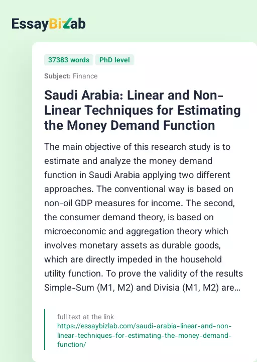 Saudi Arabia: Linear and Non-Linear Techniques for Estimating the Money Demand Function - Essay Preview