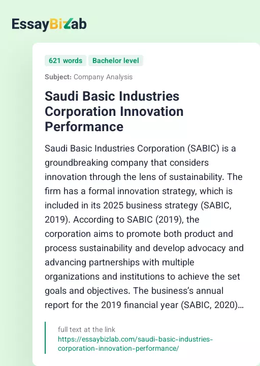 Saudi Basic Industries Corporation Innovation Performance - Essay Preview