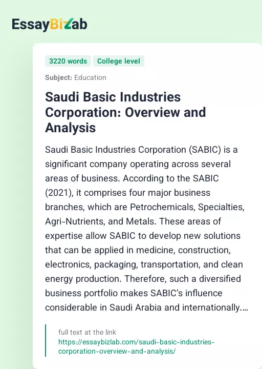 Saudi Basic Industries Corporation: Overview and Analysis - Essay Preview
