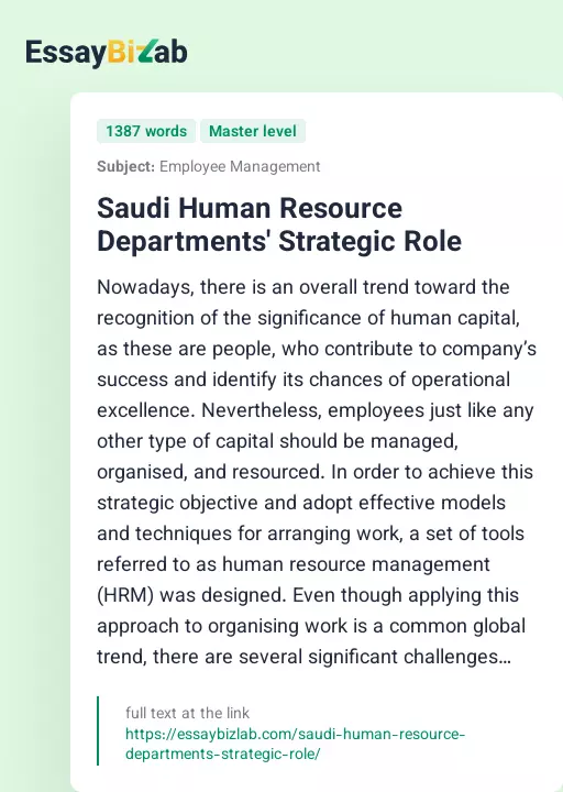 Saudi Human Resource Departments' Strategic Role - Essay Preview