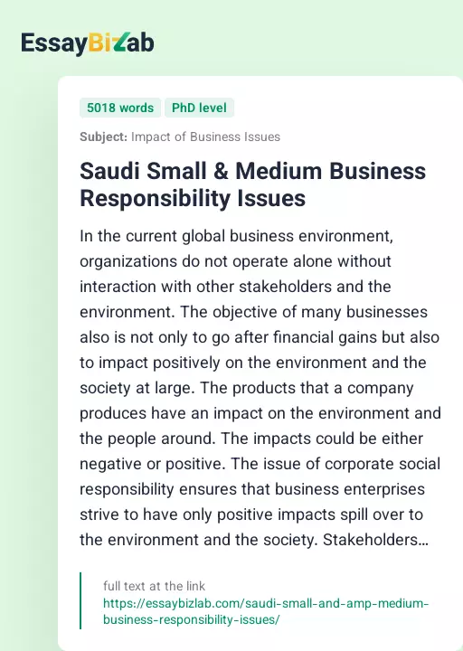 Saudi Small & Medium Business Responsibility Issues - Essay Preview
