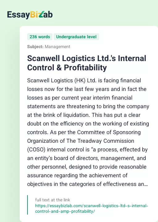 Scanwell Logistics Ltd.'s Internal Control & Profitability - Essay Preview