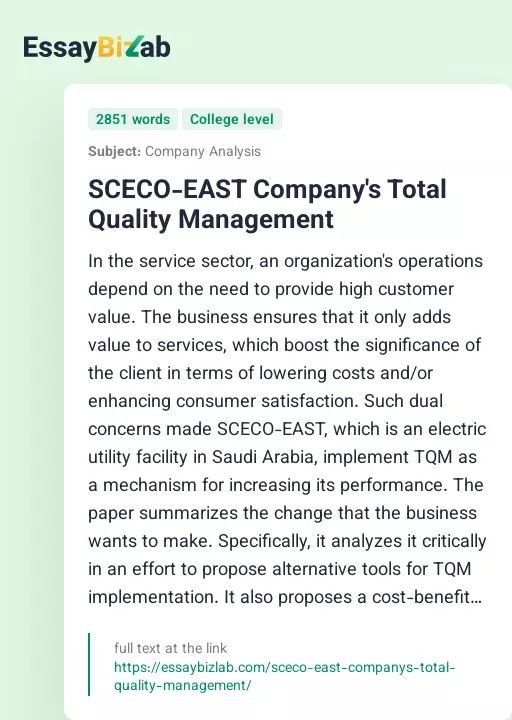 SCECO-EAST Company's Total Quality Management - Essay Preview
