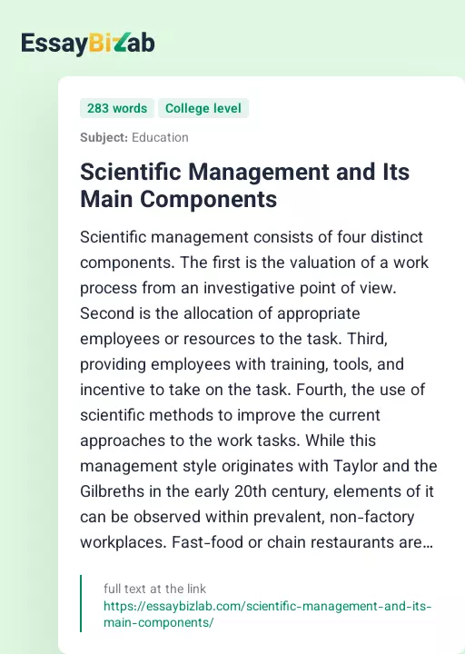 Scientific Management and Its Main Components - Essay Preview