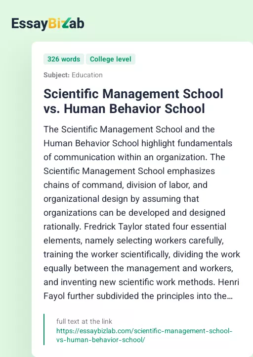 Scientific Management School vs. Human Behavior School - Essay Preview