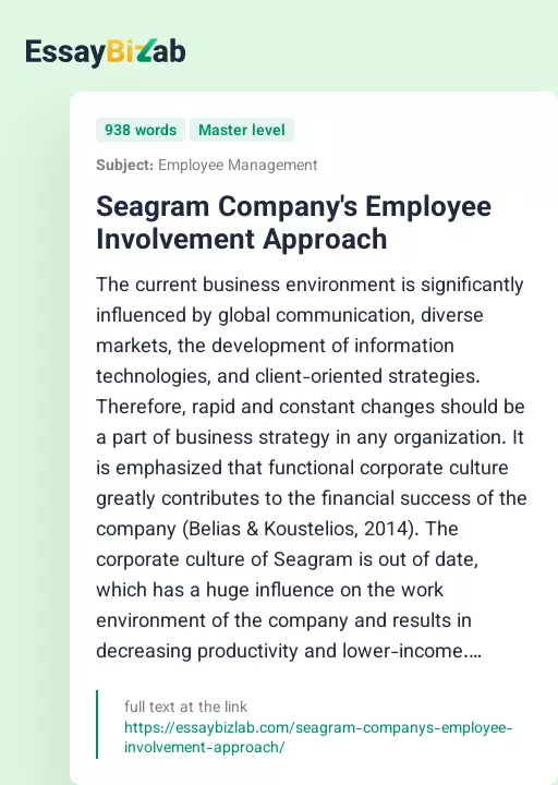 Seagram Company's Employee Involvement Approach - Essay Preview