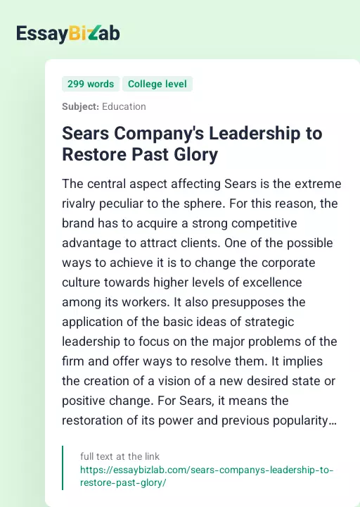 Sears Company's Leadership to Restore Past Glory - Essay Preview