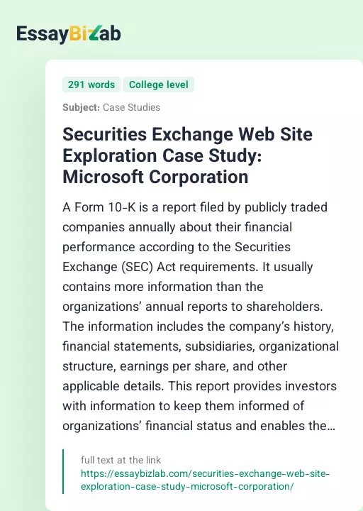 Securities Exchange Web Site Exploration Case Study: Microsoft Corporation - Essay Preview