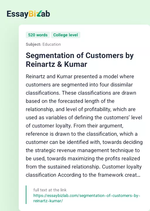 Segmentation of Customers by Reinartz & Kumar - Essay Preview
