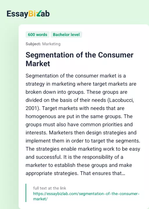 Segmentation of the Consumer Market - Essay Preview