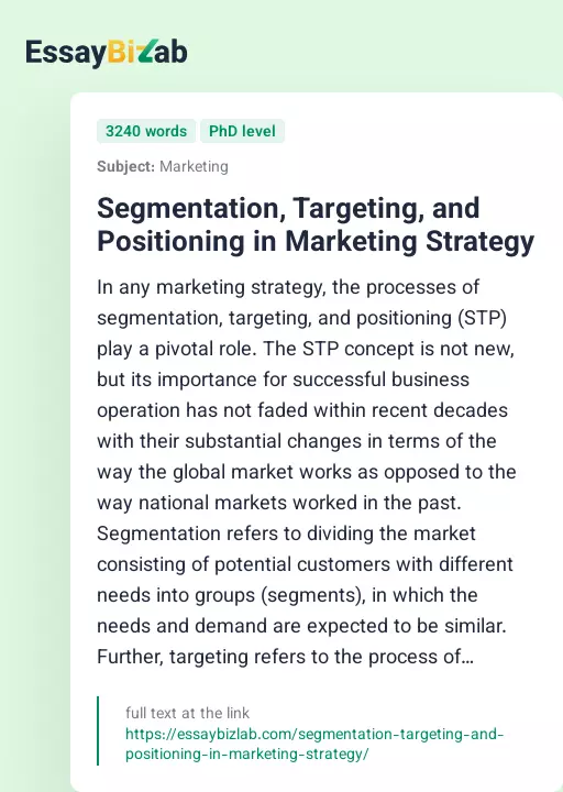 Segmentation, Targeting, and Positioning in Marketing Strategy - Essay Preview
