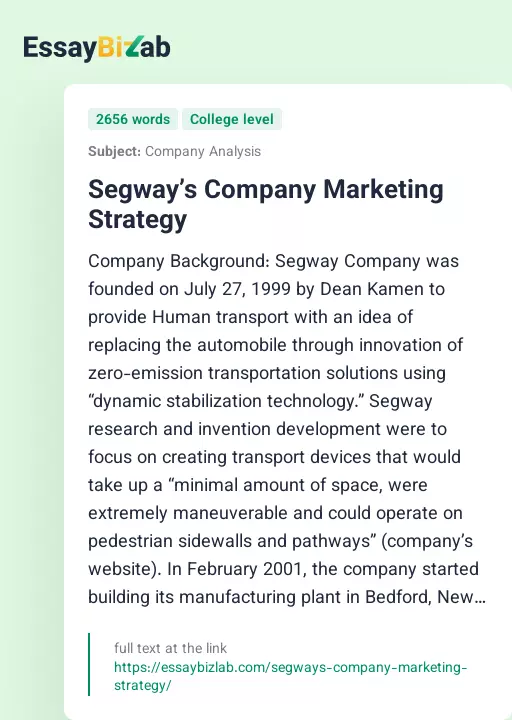 Segway’s Company Marketing Strategy - Essay Preview