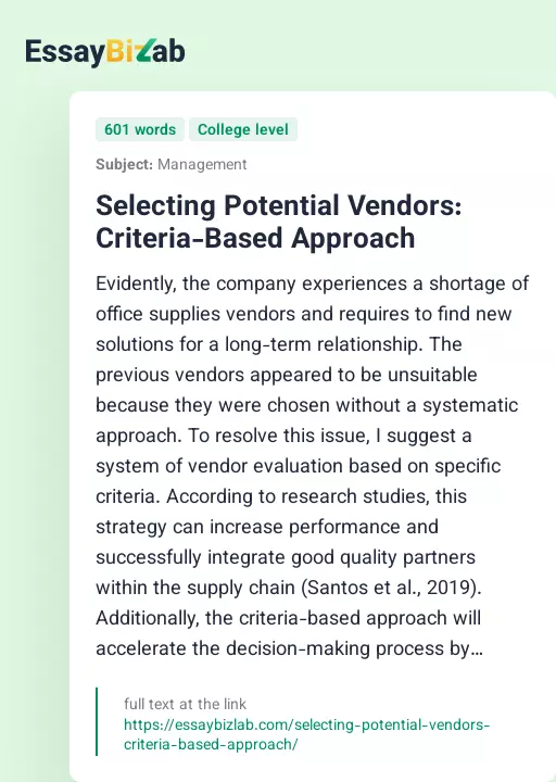 Selecting Potential Vendors: Criteria-Based Approach - Essay Preview