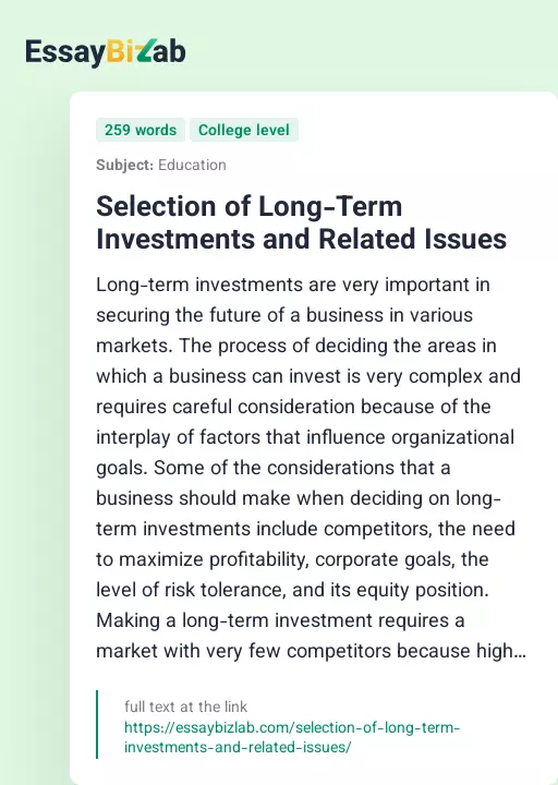 Selection of Long-Term Investments and Related Issues - Essay Preview