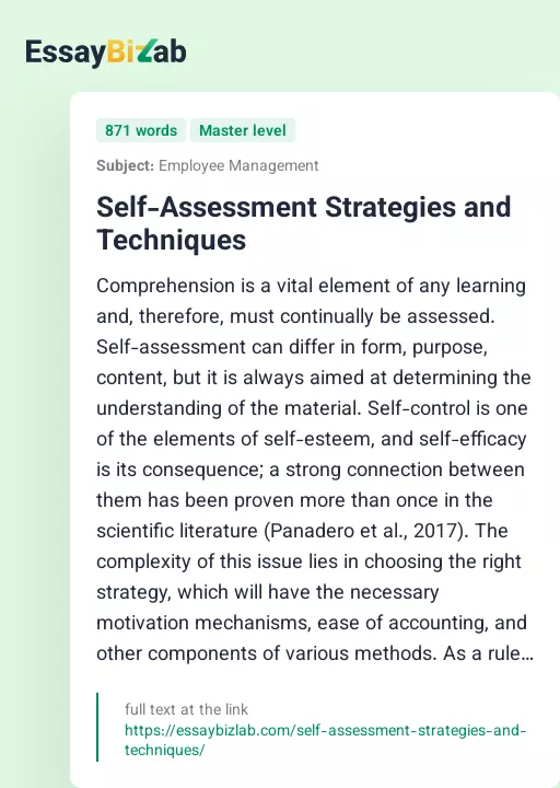 Self-Assessment Strategies and Techniques - Essay Preview