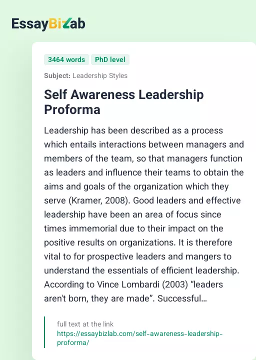 Self Awareness Leadership Proforma - Essay Preview
