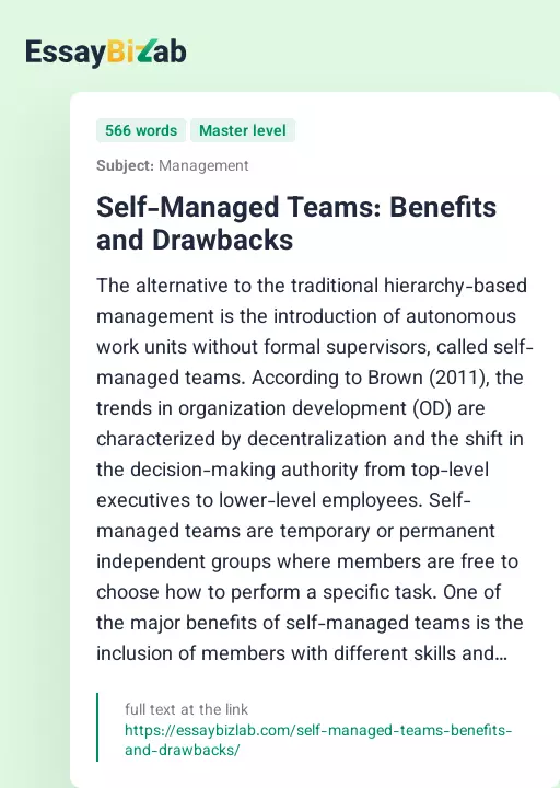 Self-Managed Teams: Benefits and Drawbacks - Essay Preview