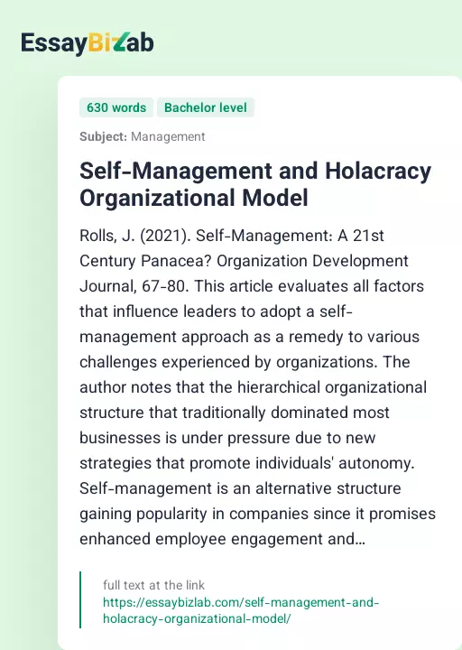Self-Management and Holacracy Organizational Model - Essay Preview