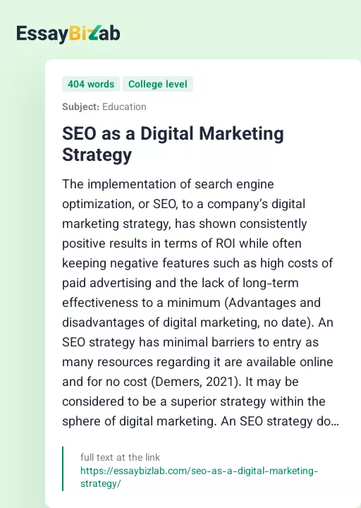 SEO as a Digital Marketing Strategy - Essay Preview