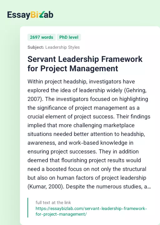 Servant Leadership Framework for Project Management - Essay Preview