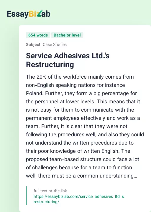 Service Adhesives Ltd.'s Restructuring - Essay Preview