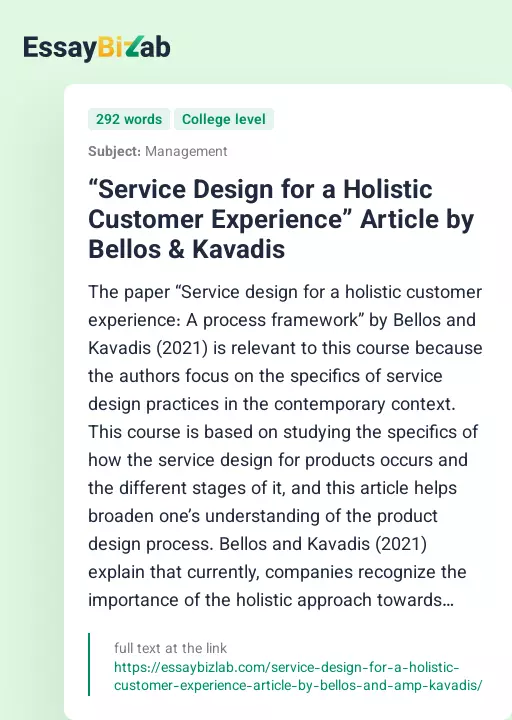 “Service Design for a Holistic Customer Experience” Article by Bellos & Kavadis - Essay Preview