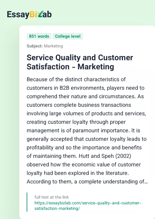 Service Quality and Customer Satisfaction - Marketing - Essay Preview