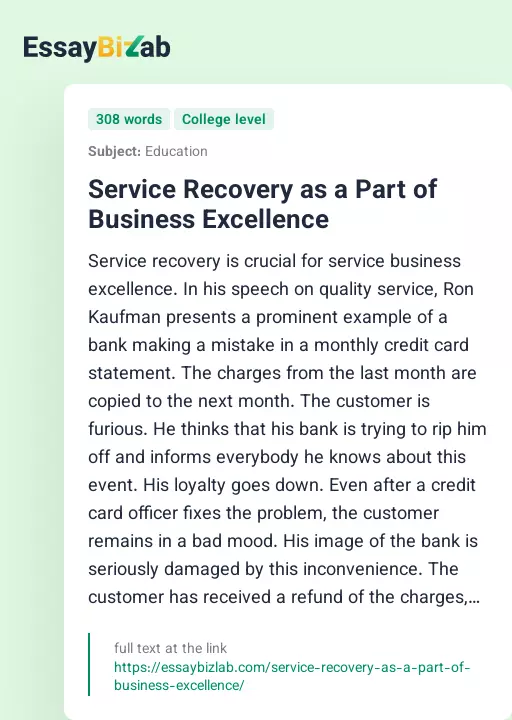 Service Recovery as a Part of Business Excellence - Essay Preview