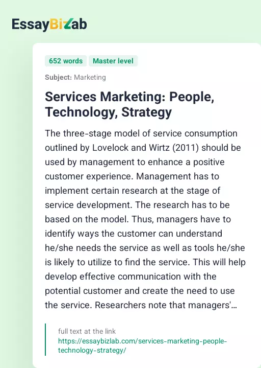 Services Marketing: People, Technology, Strategy - Essay Preview