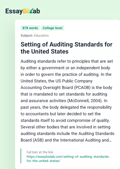 Setting of Auditing Standards for the United States - Essay Preview