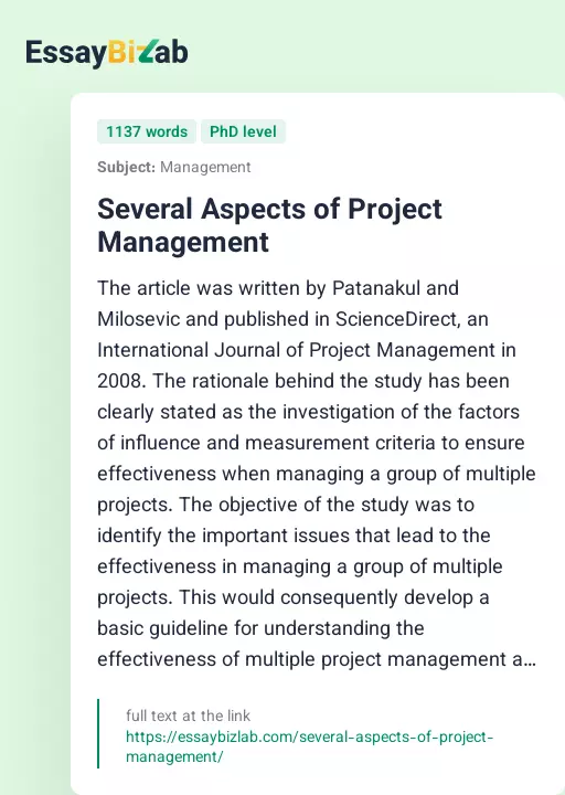 Several Aspects of Project Management - Essay Preview