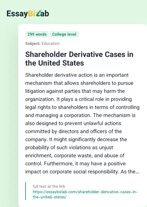 Shareholder Derivative Cases in the United States - Essay Preview