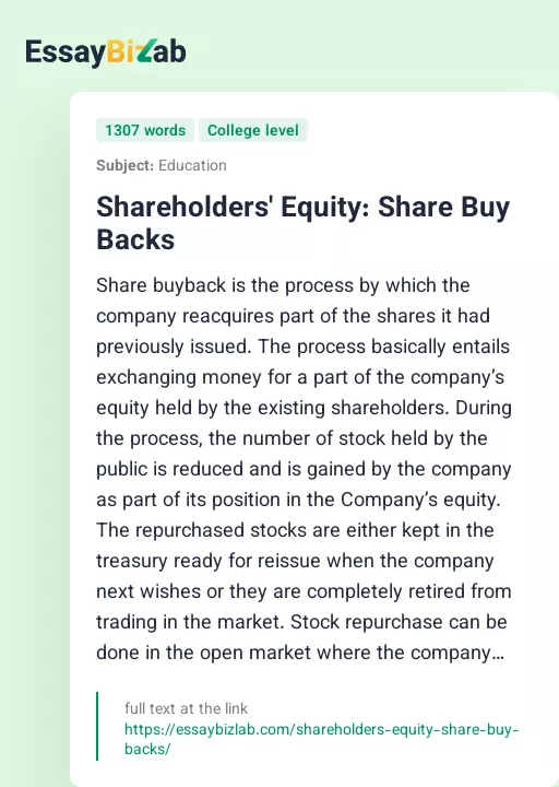 Shareholders' Equity: Share Buy Backs - Essay Preview