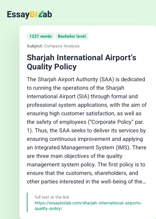Sharjah International Airport’s Quality Policy - Essay Preview