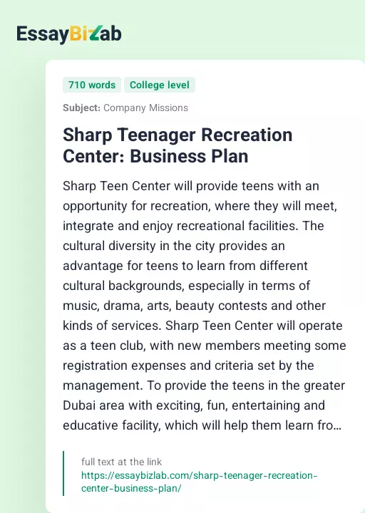 Sharp Teenager Recreation Center: Business Plan - Essay Preview