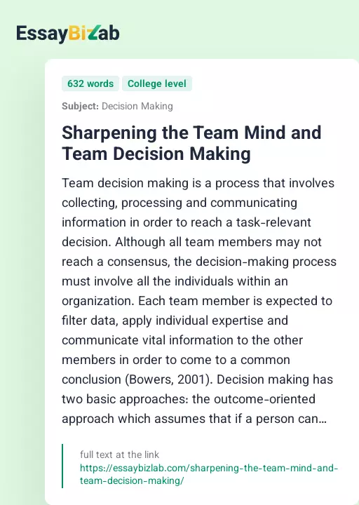 Sharpening the Team Mind and Team Decision Making - Essay Preview