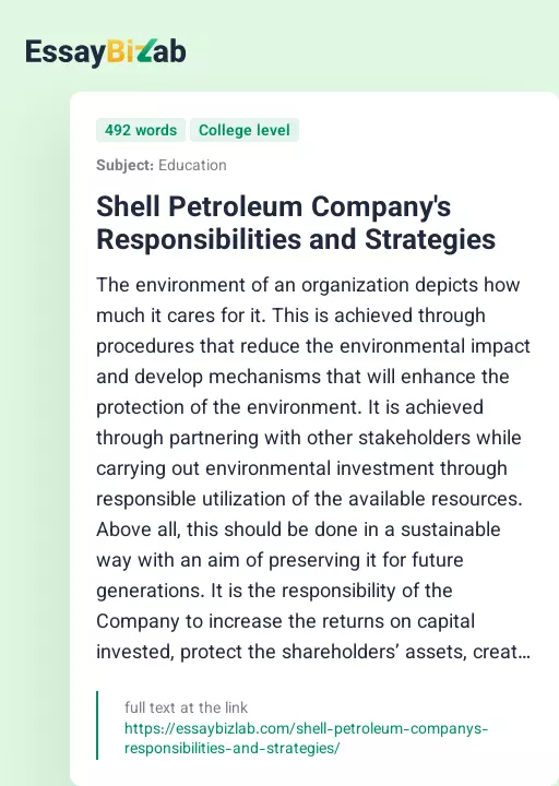 Shell Petroleum Company's Responsibilities and Strategies - Essay Preview