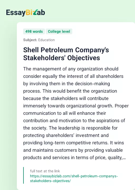 Shell Petroleum Company's Stakeholders' Objectives - Essay Preview