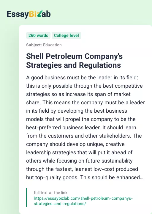 Shell Petroleum Company's Strategies and Regulations - Essay Preview