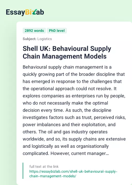 Shell UK: Behavioural Supply Chain Management Models - Essay Preview