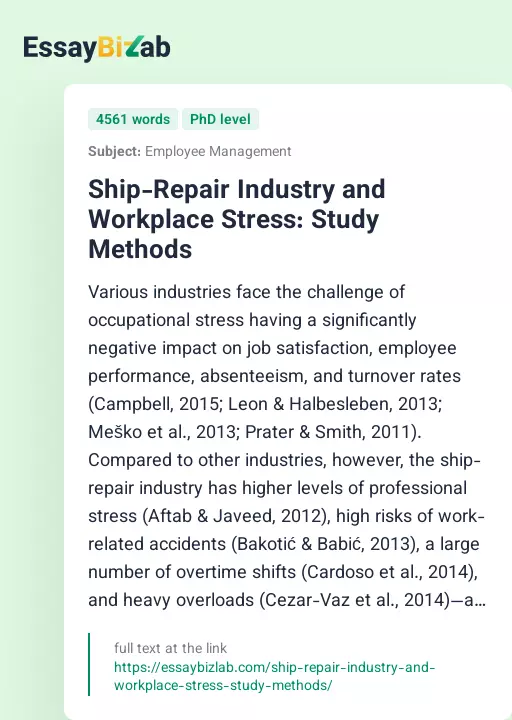 Ship-Repair Industry and Workplace Stress: Study Methods - Essay Preview