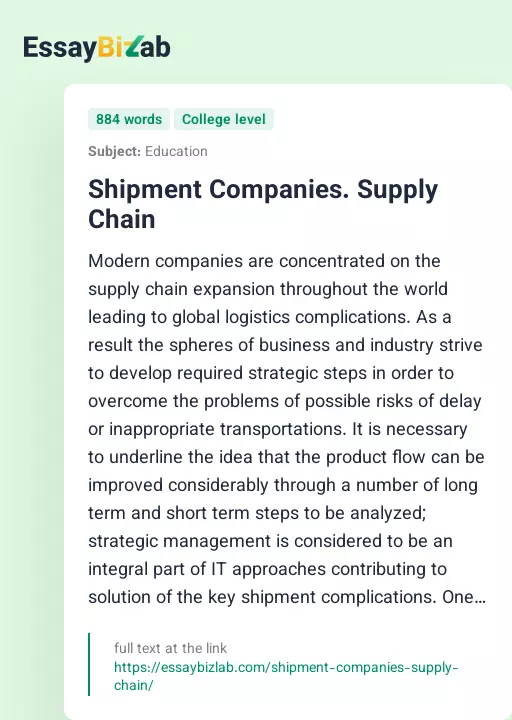 Shipment Companies. Supply Chain - Essay Preview