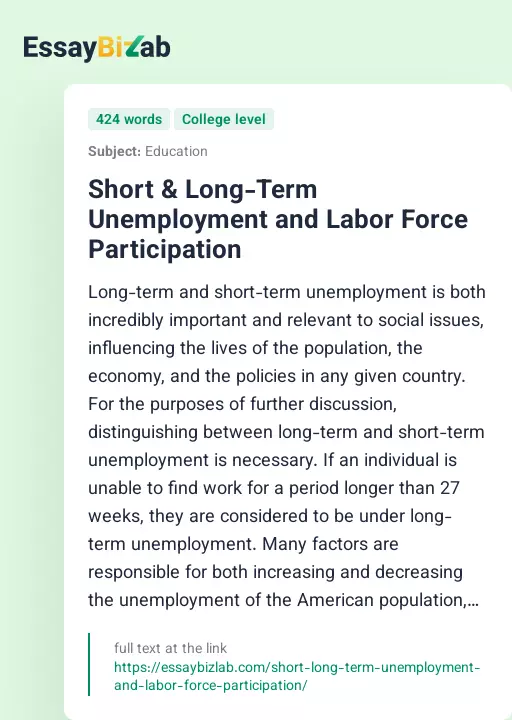 Short & Long-Term Unemployment and Labor Force Participation - Essay Preview