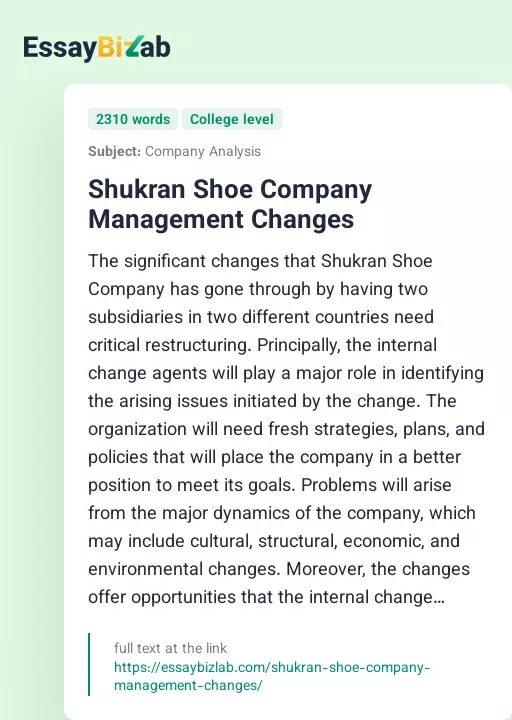 Shukran Shoe Company Management Changes - Essay Preview