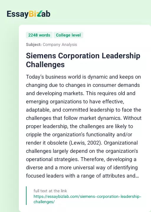 Siemens Corporation Leadership Challenges - Essay Preview