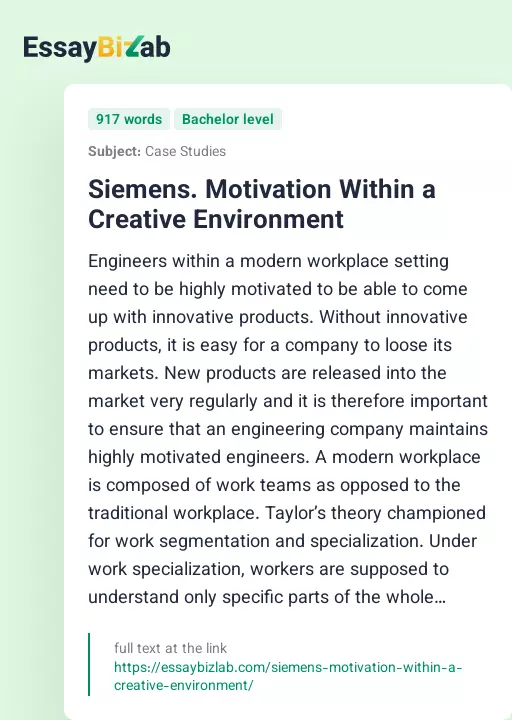 Siemens. Motivation Within a Creative Environment - Essay Preview
