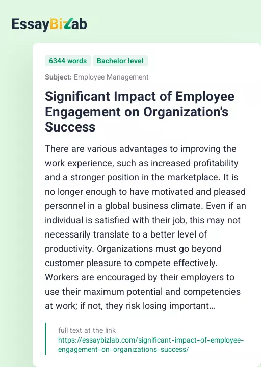 Significant Impact of Employee Engagement on Organization's Success - Essay Preview