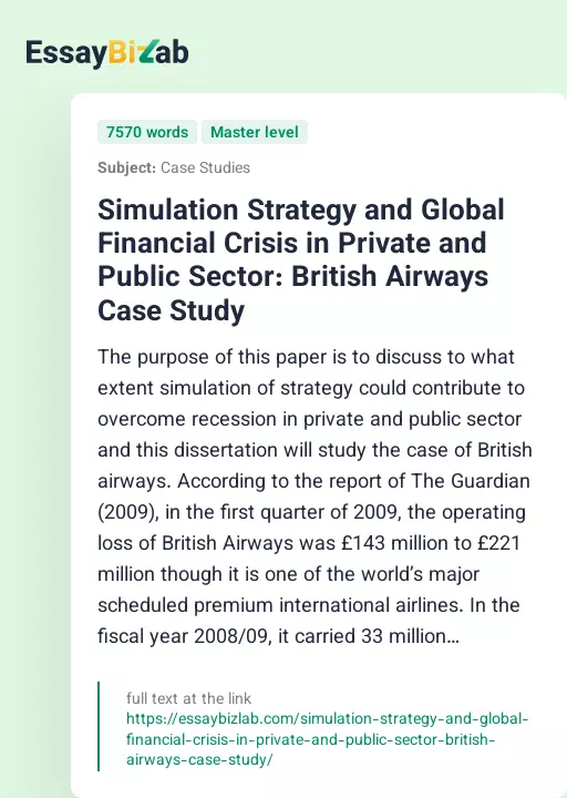 Simulation Strategy and Global Financial Crisis in Private and Public Sector: British Airways Case Study - Essay Preview