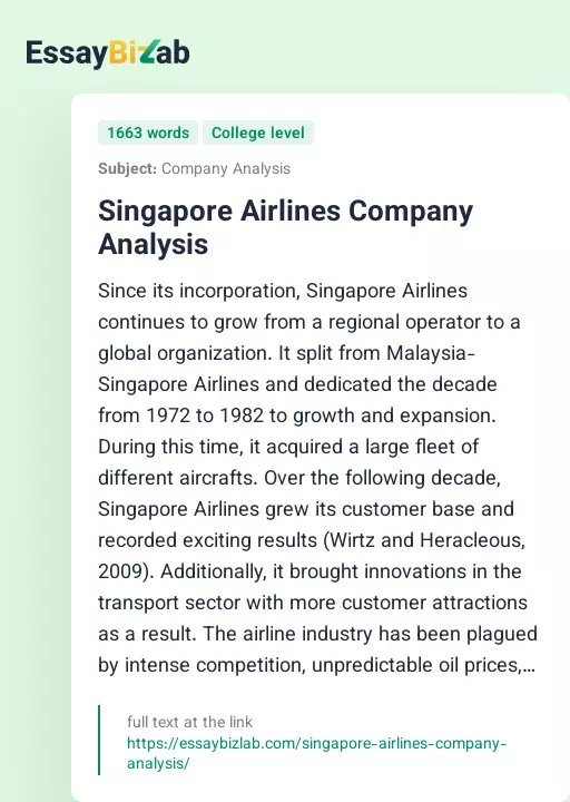 Singapore Airlines Company Analysis - Essay Preview