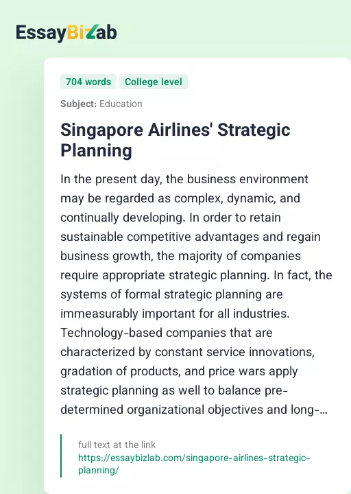Singapore Airlines' Strategic Planning - Essay Preview